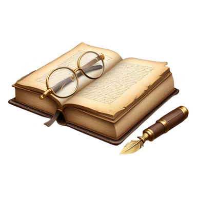 An icon featuring an open book with classic text, a feather quill, and reading glasses, symbolizing literary studies. The design includes old library shelves and vintage manuscripts in the background. Transparent background emphasizes the deep analysis of written works and literary history. sticker