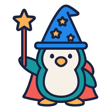 penguin wizard, colorful lineal icon with black outlines sticker