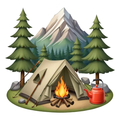 Icon for Hiking: a tent, and a kettle over a campfire, surrounded by trees and a mountain trail, a backpack, a walking stick. The icon should capture the adventure and warmth of camping. Transparent background. sticker