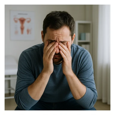 realistic image of a desperate man, looking sad and frustrated because he cannot have children, sitting alone in a medical or home setting, respectful and sensitive tone, no explicit details sticker