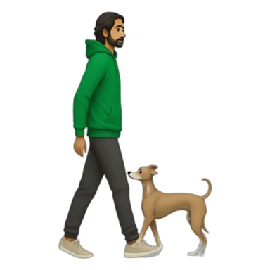 an indian man wearing a green sweatshirt, beige shoes, long hair, no beard, black shorts, walking, side profile, one hand raised slightly below waist level walking a beige whippet sticker