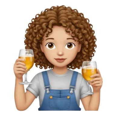 Curly haired curl with brown hair and light skin in overalls toasting with alcohol sticker