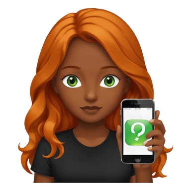 Girl with dark long orange wavy hair, green eyes, and black t-shirt and phone with app on hand sticker