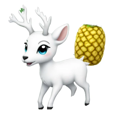 a white deer playing with a pineapple plushie sticker