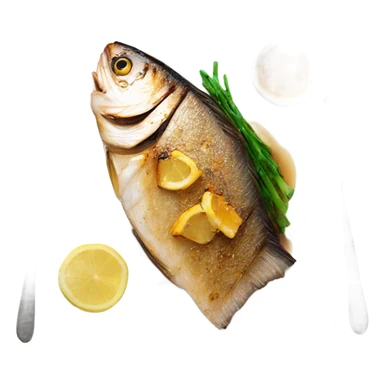 grilled fish small 3 fillet with brown butter sauce on white plate sticker