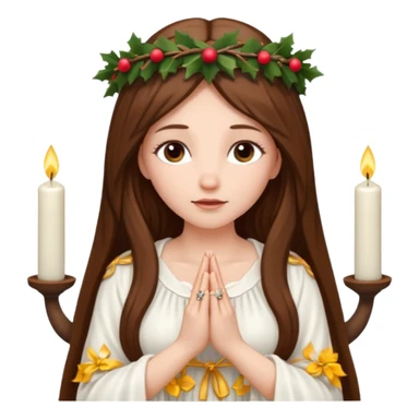brown long haired white women with white gown and advent wreath with 5 candles on the head and praying hands  sticker