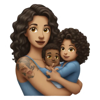  Brunette with tattoos on arm with long hair holding a baby boy with brunette curly hair  sticker