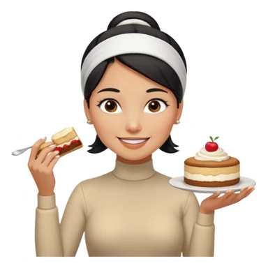  tan skin woman with long face, and short black hair slicked back ponytail with forehead showing, white headband, wearing white turtleneck shirt, eating tiramisu smiling with middle parted hair sticker