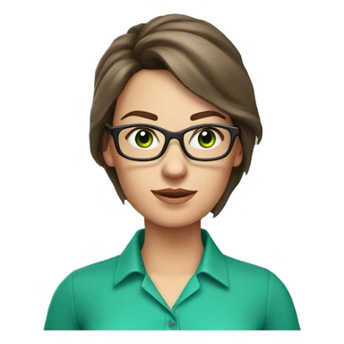 Female coding teacher with brunette hair, green eyes, fair skin, teal eye glasses and a pink shirt sticker