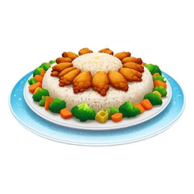 Magical floating plate with ethereal glowing rice, chicken pieces surrounded by sparkles, and enchanted Puerto Rican Boricua mix vegetables sticker