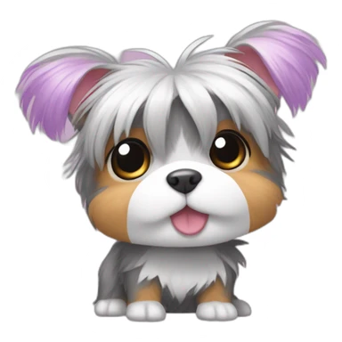 yorkshire terrier with grey hair with the tongue and two little pink hair-bow on the head with a purple nappy and a Hamtaro beside sticker