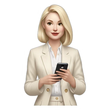 pale skin woman with ash blonde Straightened bob Hair, White Spacious classical jacket, beige palazzo Arrow pants and gray blouse holding white IPhone 14 pro in the hands sticker