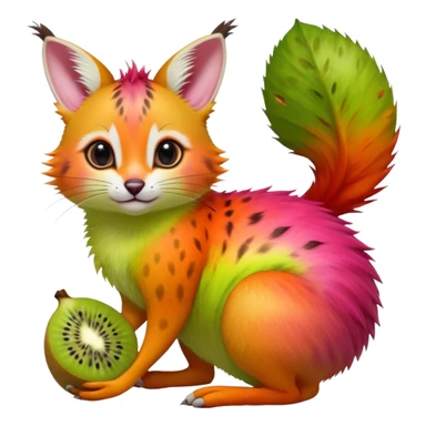 Hyper realistic  tropical-fruit-splash-colored fur of kiwi-green-lime-green-gradients, papaya-orange, and dragonfruit-pink chaos beautiful elegant pretty precious cute  Fakémon-Pokémon-opossum-feline-serval-caracal-chinchilla-Furret-Minccino-hybrid-creature with a big fluffy bushy tail (full body) sticker