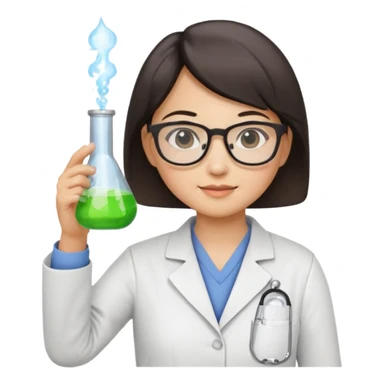 female asian chemistry teacher wearing glasses holdin a flask pointing right with straight short hair to her shoulders sticker