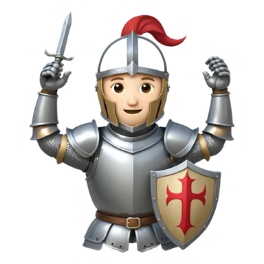 A cartoon knight in full armor with a closed helmet, expressing merriment. The knight's head is tilted slightly to the side, arms raised in laughter, and legs slightly apart. sticker