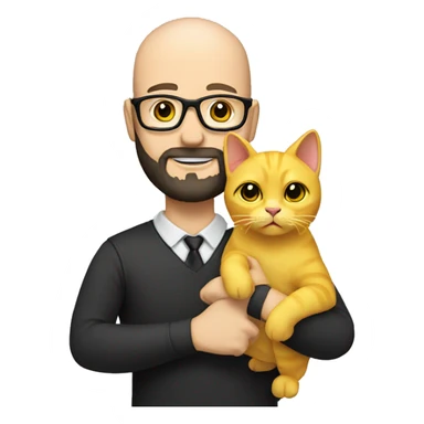 A bald white man with glasses and black beard holding a yellow cat in hand sticker