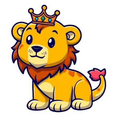 A majestic lion king with a crown facing a colorful dinosaur sticker