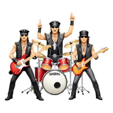 Icon for Rock Music: Scorpions live concert on stage with electric guitars, drums, and a powerful spotlight. Klaus Meine at the microphone, Rudolf Schenker and Matthias Jabs playing guitars, dynamic stage presence, and electric energy. Transparent background. sticker