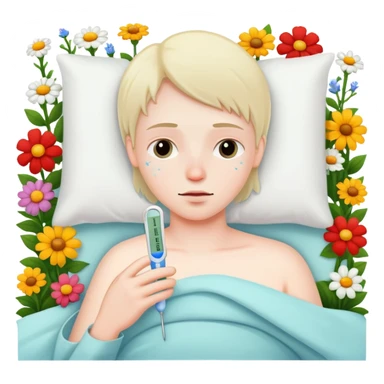 sick person in bed with thermometer and flowers sticker