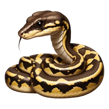 A photo-realistic digital illustration of a Ball Python, large headshot portrait. The snake has a short, rounded snout, smooth contours, and a calm, curious expression. Its head is warm brown with bold, irregular dark markings, including the signature “alien-head” pattern.  sticker