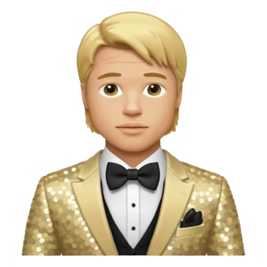 Brad Pitt with golden blonde hair, cream sequin suit with bow tie sticker