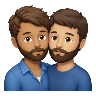 Two men kissing, one with a beard and a brunette with short hair and another with brown and wavy hair and a beard sticker