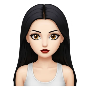 White woman with a white tank top long black hair glossy middle part straight long hair vamp look  brown eyes eyeliner winged with lashes top and bottom white border big lips black eyebrows sticker