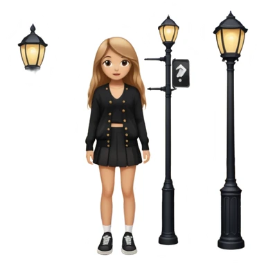 девушка с русыми длинными волосами,  в черной короткой юбке и вязаной черной кофте с дырками, в белых кедах рядом с фонарным столбом sticker