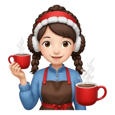 A cozy pig tail hair vendor with fluffy earmuffs, wearing apron handing out steaming cocoa with a warm smile. sticker