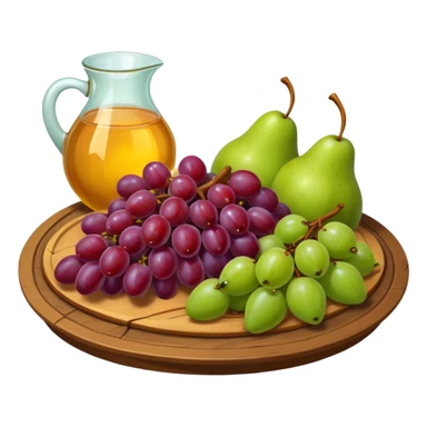 medieval fruit platter object icon, grapes apples pears, rustic plate, small honey drizzle, cozy medieval vibe, 3D cartoon, mobile game icon style, clean background, no text, no watermark
 sticker