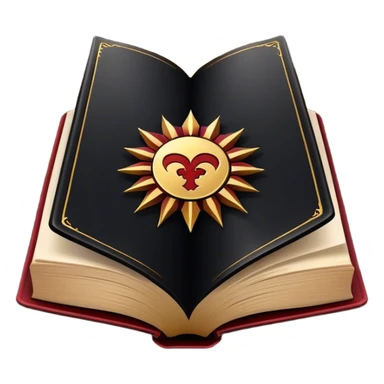 Un libro negro mate con detalles en dorado profundo o rojo oscuro, irradiando una sombra poderosa, con un símbolo, y una ligera aura de calor, reflejando el poder de vivir sin miedo.  sticker