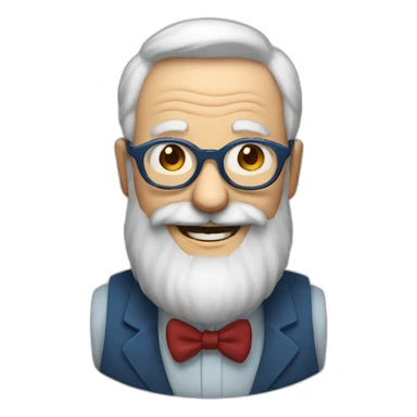 old man with red hair, blue glasses, long beard and moustache and a big smile sticker