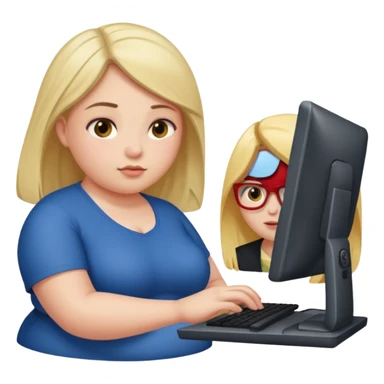 A girl helping a really fat man on the computer sticker