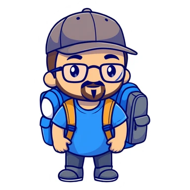 adventurer with goatee beard (no beard on cheeks), short hair, glasses, backwards baseball cap and backpack sticker
