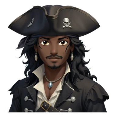 A charismatic pirate with wavy black hair that falls just past his shoulders, tousled slightly by the sea breeze. He wears a black tricorn hat with subtle silver embroidery along the edges, casting a shadow over his sharp, confident features. His piercing dark eyes glint with mischief as he gazes to the side, a knowing smile playing at his lips. His well-fitted black coat, adorned with polished silver buttons and intricate stitching, moves slightly with the wind, revealing glimpses of a deep-crimson waistcoat underneath. A silver chain dangles from his belt, catching the dim golden light of the setting sun. His posture is relaxed yet assured, exuding effortless charm as if he owns the sea itself. sticker