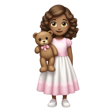 Little Girl White, black eyes.  brown hair  She is wearing a pink and White dress, standing and holding on to a teddy bear. sticker