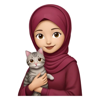 Asian white girl wearing  maroon hijab with dress holding a black grey tabby cat while smiling sticker