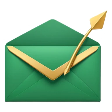 3D minimal envelope icon slightly open with subtle upward arrow coming out, matte finish, deep green (#0B3D2C), gold (#C9B037) arrow accent, Apple style, ultra sleek and clean, soft shadow, transparent background sticker