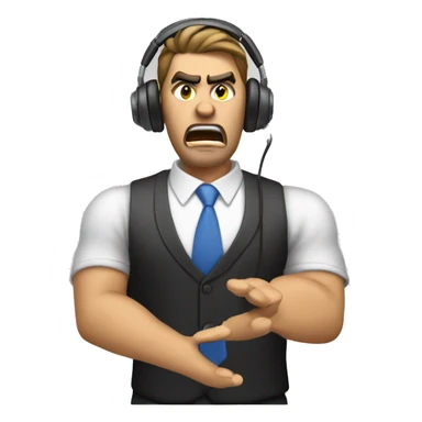 Angre sales agent making a sales call wearing a headset angry face sticker