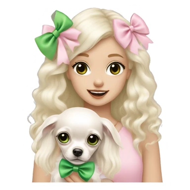 pale blonde girl with long platinum white wavy hair with bright green eyes and wearing a light pink hair bow holding a black and white long haired chihuahua puppy also wearing a hair bow sticker