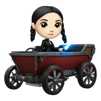 Wednesday Addams Jedi bounty hunter driving a modern blue,red and pewter steampunk electric wagon sticker