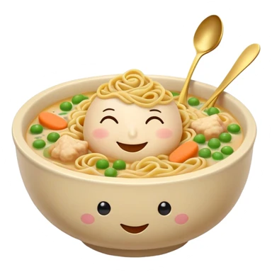light beige ceramic bowl with homey feel filled with golden broth spiraled noodles chicken chunks carrots peas bowl with happy cozy face closed smiling eyes blush steam rises musical notes spoon tucked in sparkles add warmth around bowl sticker