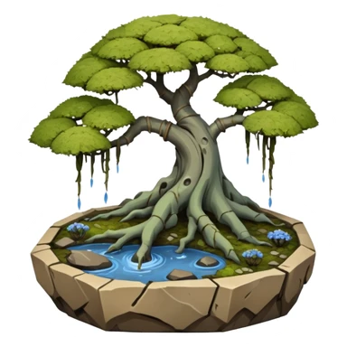 Bare Alien landscape mudman very old broken cracked intricate Stone Age rocky-crusted irregular dodecagon-shaped shallow dark moss rough bark blue weeping willow flowered maple tree bonsai pot sticker