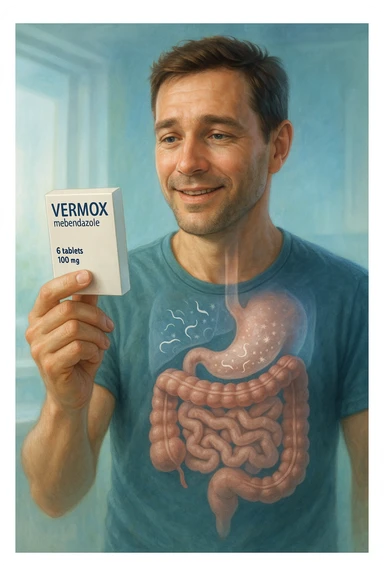 A realistic, cinematic illustration of a man in his late 30s holding a small white box of ‘Vermox’ (mebendazole) in one hand, with a relieved and hopeful expression on his face. Behind him, a semi-transparent overlay shows his digestive tract where small, symbolic worm-like parasites are dissolving and disappearing, indicating the medication’s effect. The environment is clean and bright, with a medical yet hopeful tone, conveying the concept of effective parasite removal. Subtle blue and green tones symbolize cleansing and health restoration, while the man appears energized and ready to reclaim his well-being sticker