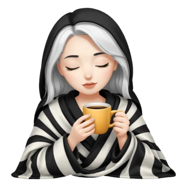 Pale girl with black and white hair inside a blanket sipping coffee eyes closed sticker