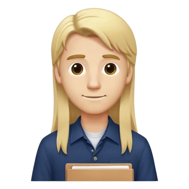 Guy with long straight blonde hair and navy button up holding a school packet sticker