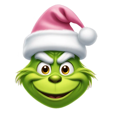 grinch face with a big grin wearing a light pink santa hat sticker