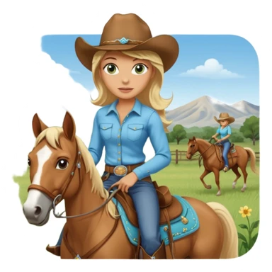 one blonde with light blue green eyes cowgirl on a quarter horse sticker