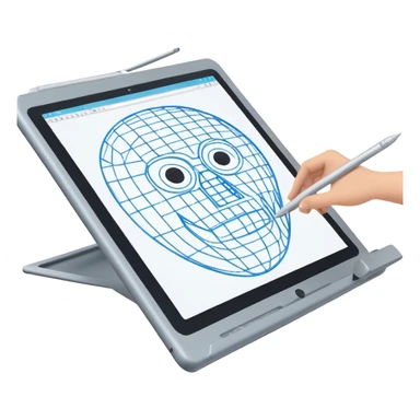 Create an emoji for 3D visualization and modeling. Show wireframe model that pops out from the screen of a large graphic tablet with a stylus drawing in a 3D modeling program. Use modern, professional colors. Do not include any emojis or smiley faces. Make the background transparent. sticker