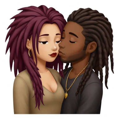 Dark Wine colored hair Latina long hair, kissing young black guy with dreads sticker